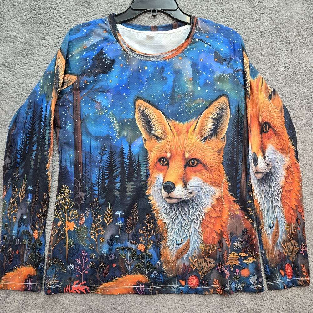 Feifeiyu Forest Fox Long Sleeve Top All Over Whimsical Print Tee XL